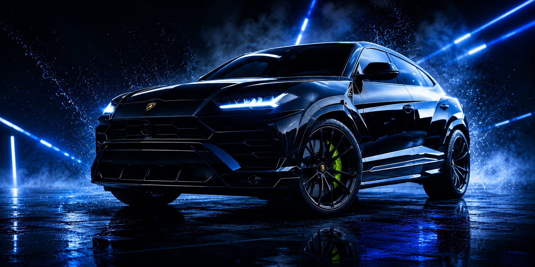 Black Lamborghini Urus under blue cinematic lighting