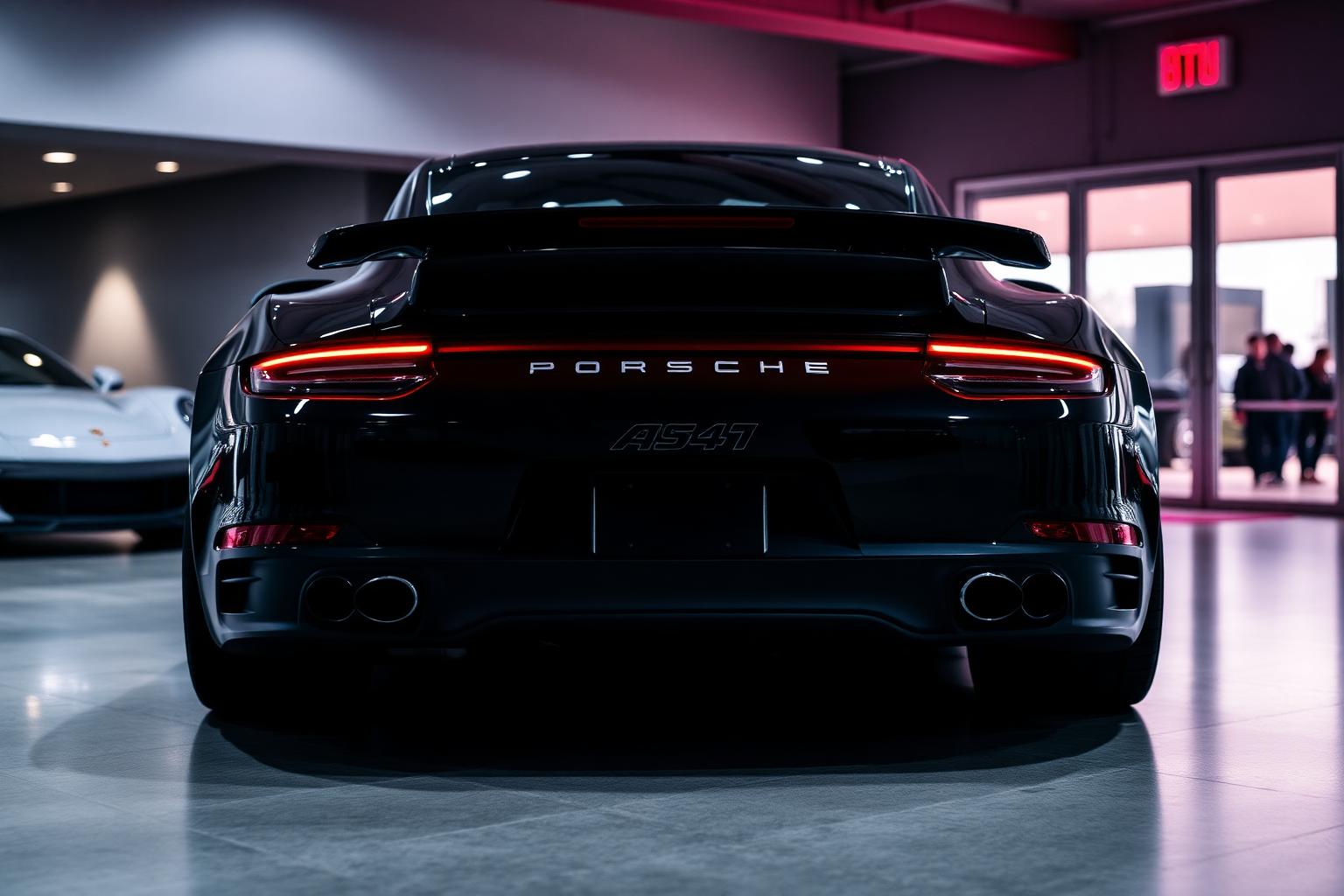Rear view of a black Porsche with parking lights on in a grey showroom